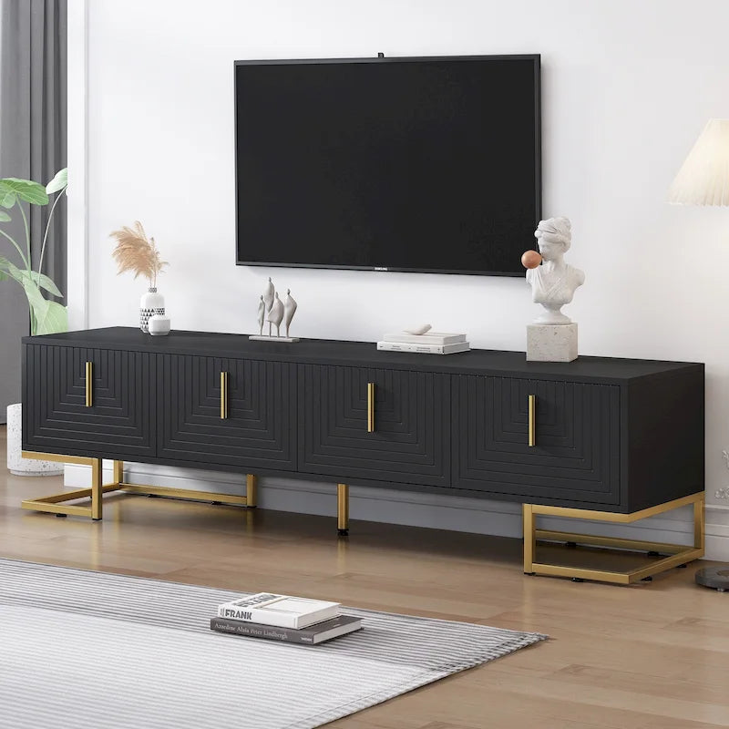 Meuble TV noir et or de 180 cm avec placards pour téléviseurs jusqu'à 203 cm