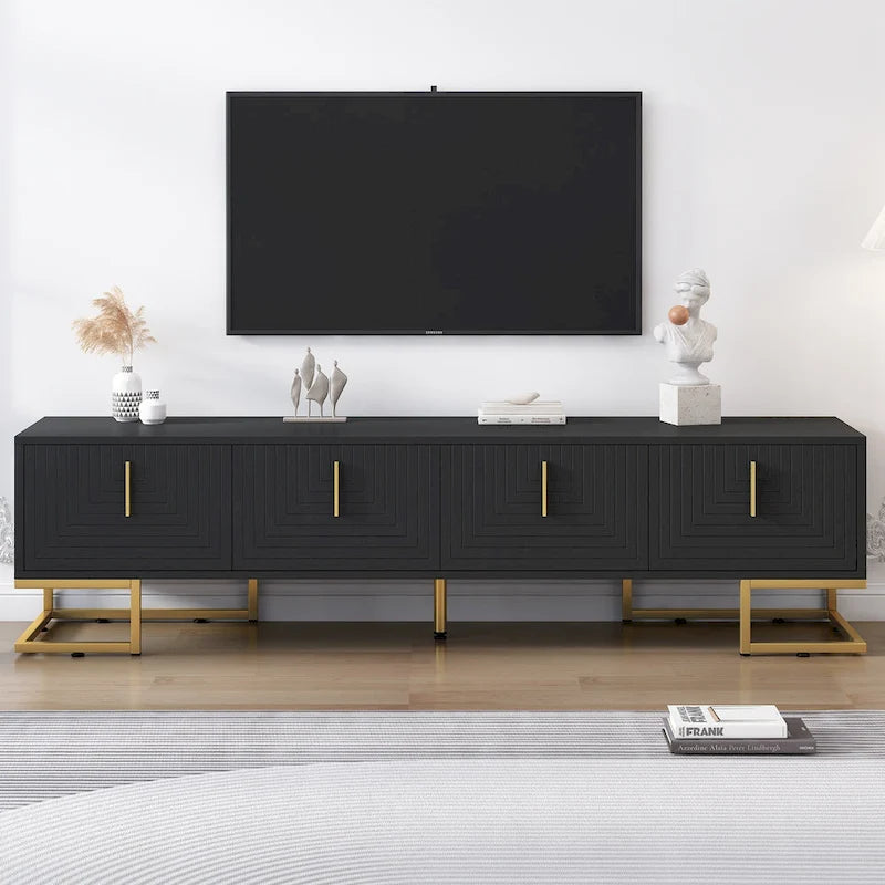 Meuble TV noir et or de 180 cm avec placards pour téléviseurs jusqu'à 203 cm