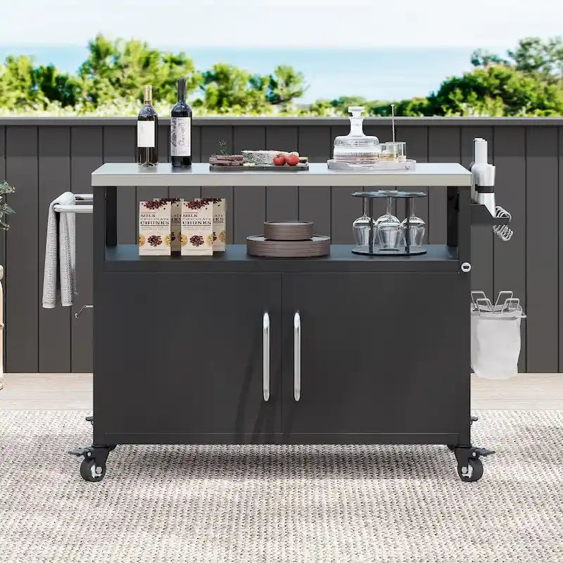 Chariot de cuisine d'extérieur avec plateau en acier inoxydable et armoire de rangement