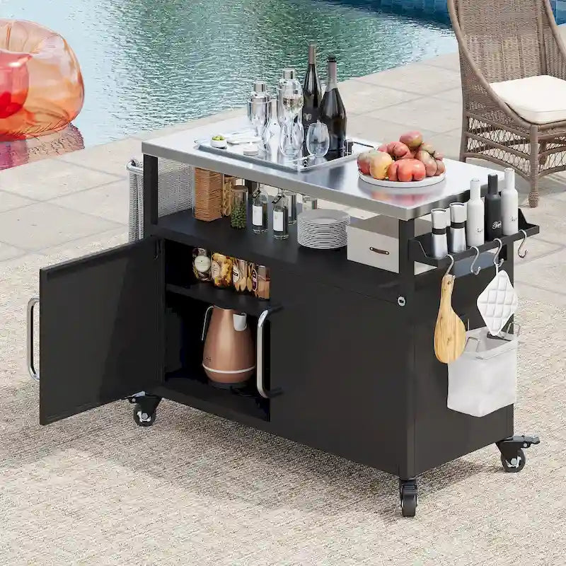 Chariot de cuisine d'extérieur avec plateau en acier inoxydable et armoire de rangement