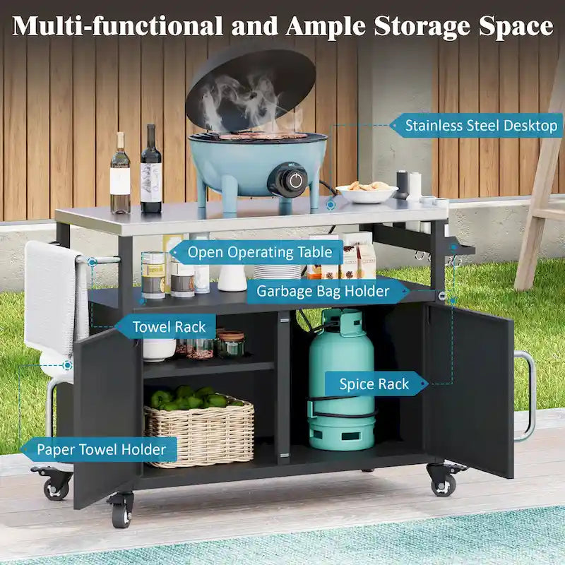 Chariot de cuisine d'extérieur avec plateau en acier inoxydable et armoire de rangement