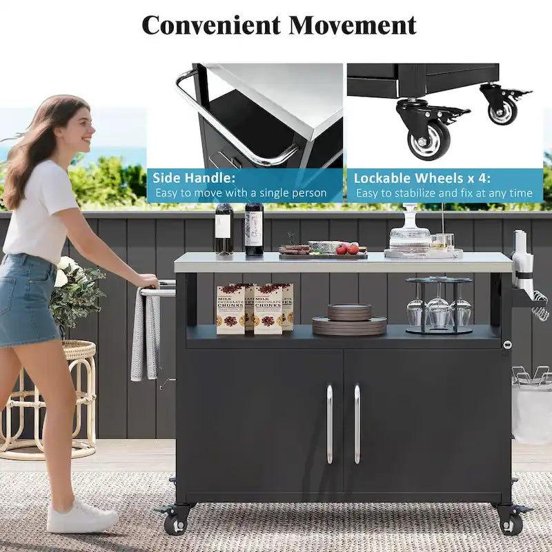 Chariot de cuisine d'extérieur avec plateau en acier inoxydable et armoire de rangement