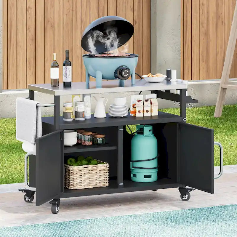 Chariot de cuisine d'extérieur avec plateau en acier inoxydable et armoire de rangement