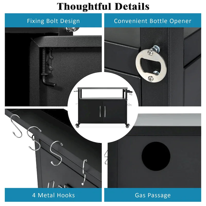 Chariot de cuisine d'extérieur avec plateau en acier inoxydable et armoire de rangement