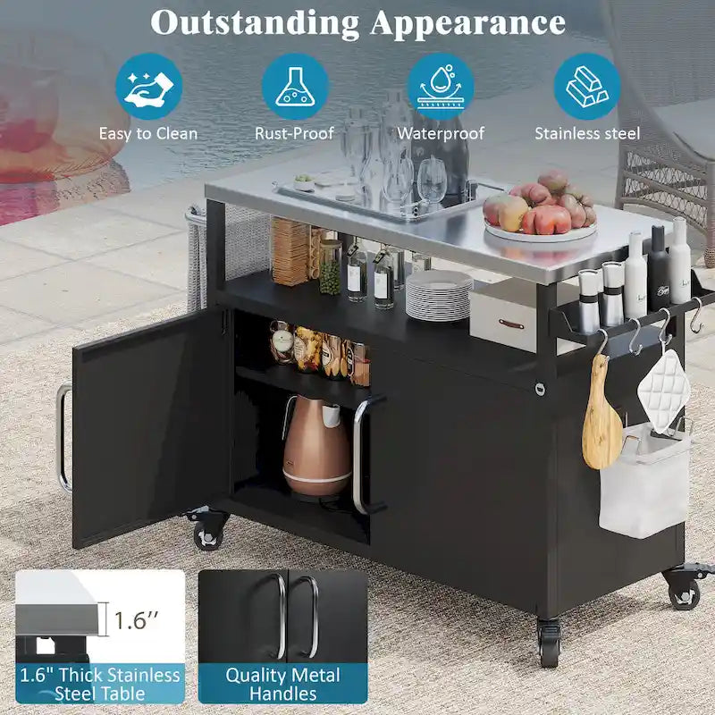 Chariot de cuisine d'extérieur avec plateau en acier inoxydable et armoire de rangement