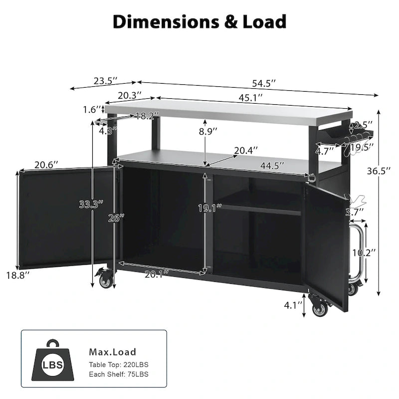 Chariot de cuisine d'extérieur avec plateau en acier inoxydable et armoire de rangement