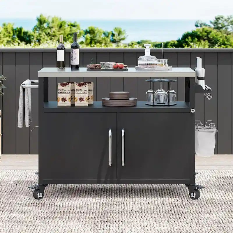 Chariot de cuisine d'extérieur avec plateau en acier inoxydable et armoire de rangement