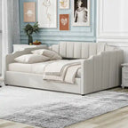 Lit de repos capitonné beige pleine grandeur avec rangement en dessous