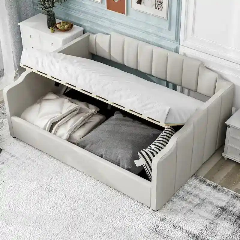 Lit de repos capitonné beige pleine grandeur avec rangement en dessous