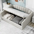 Lit de repos capitonné beige pleine grandeur avec rangement en dessous