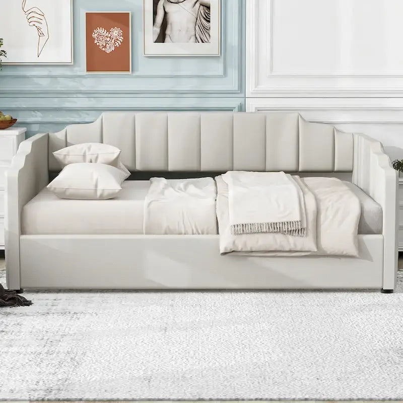 Lit de repos capitonné beige pleine grandeur avec rangement en dessous