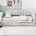 Lit de repos capitonné beige pleine grandeur avec rangement en dessous