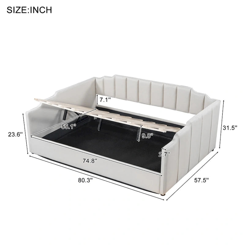 Lit de repos capitonné beige pleine grandeur avec rangement en dessous