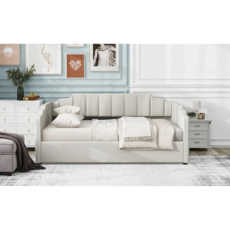 Lit de repos capitonné beige pleine grandeur avec rangement en dessous