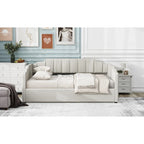 Lit de repos capitonné beige pleine grandeur avec rangement en dessous