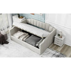 Lit de repos capitonné beige pleine grandeur avec rangement en dessous