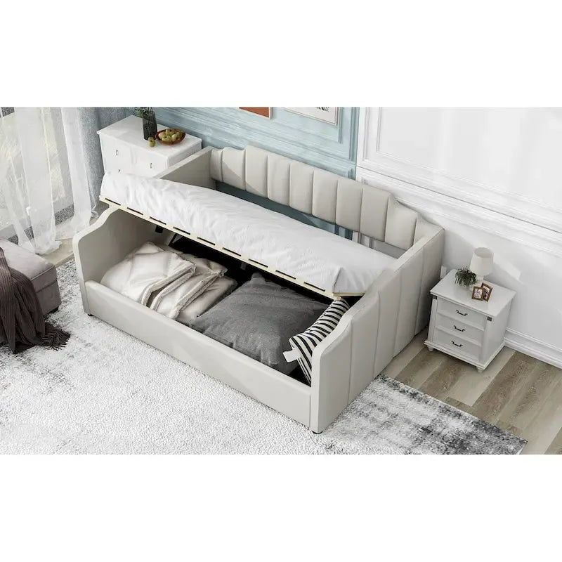 Lit de repos capitonné beige pleine grandeur avec rangement en dessous