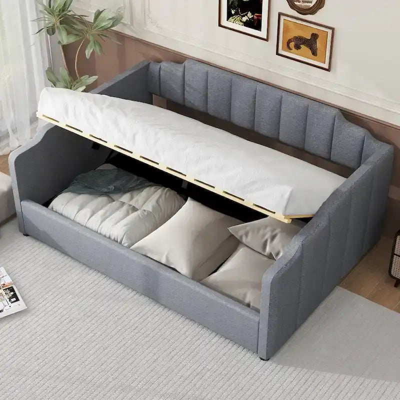 Lit de repos capitonné beige pleine grandeur avec rangement en dessous
