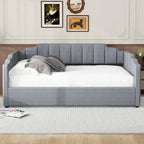 Lit de repos capitonné beige pleine grandeur avec rangement en dessous
