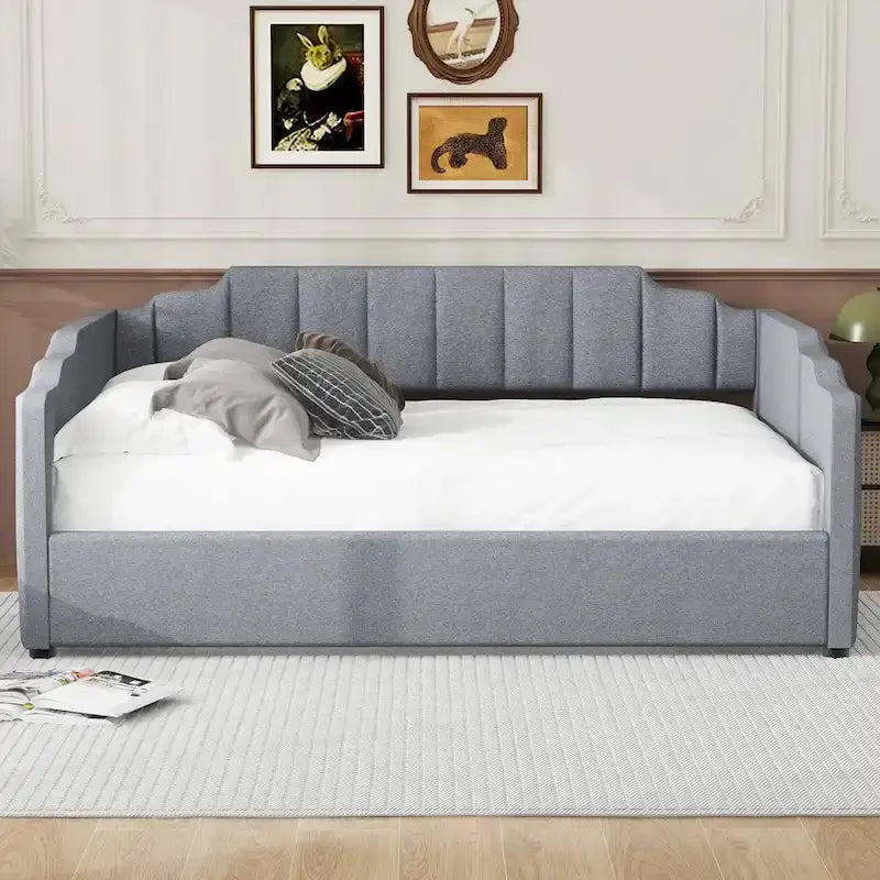 Lit de repos capitonné beige pleine grandeur avec rangement en dessous