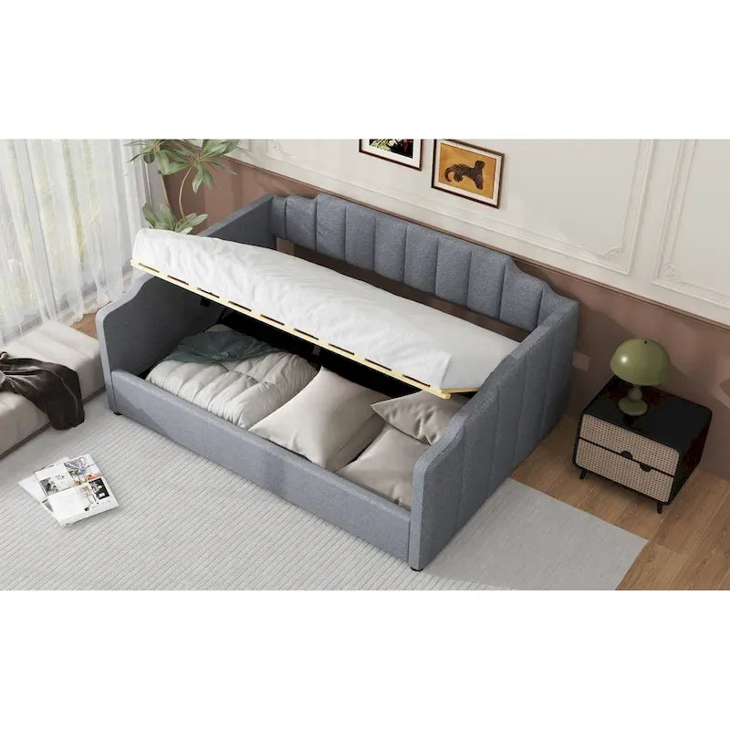 Lit de repos capitonné beige pleine grandeur avec rangement en dessous