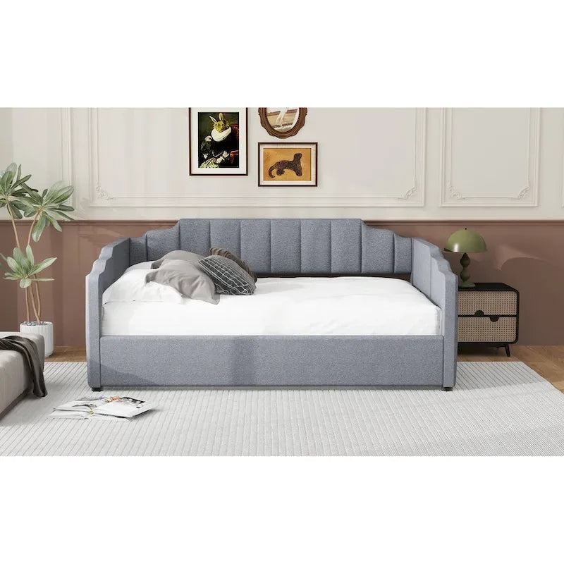 Lit de repos capitonné beige pleine grandeur avec rangement en dessous