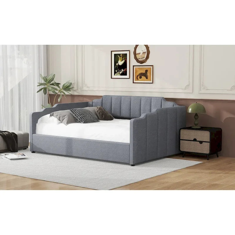Lit de repos capitonné beige pleine grandeur avec rangement en dessous