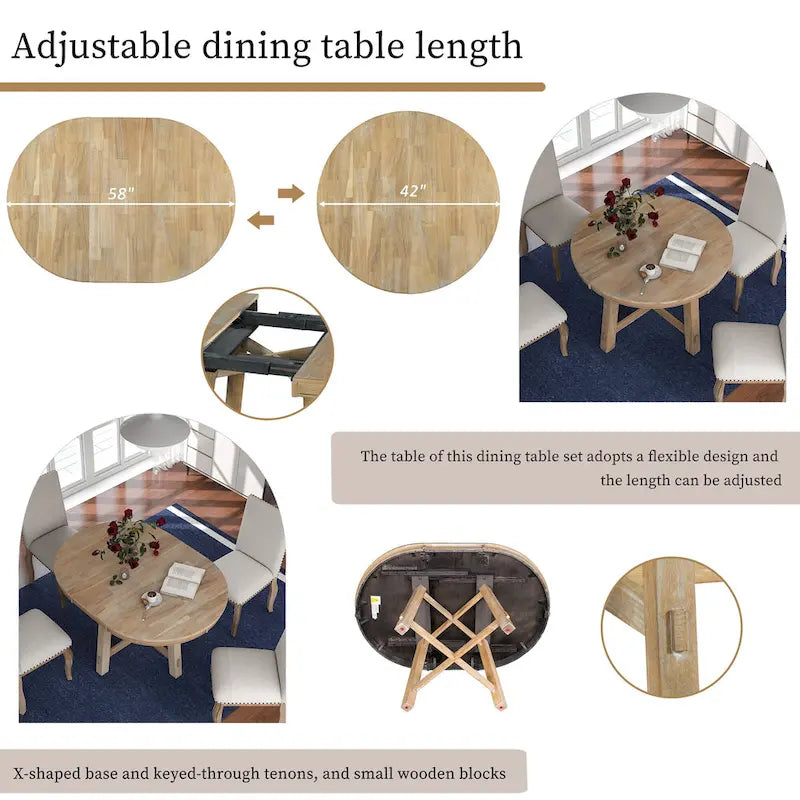 Table de salle à manger ronde en bois massif extensible avec rallonge de 16 pouces