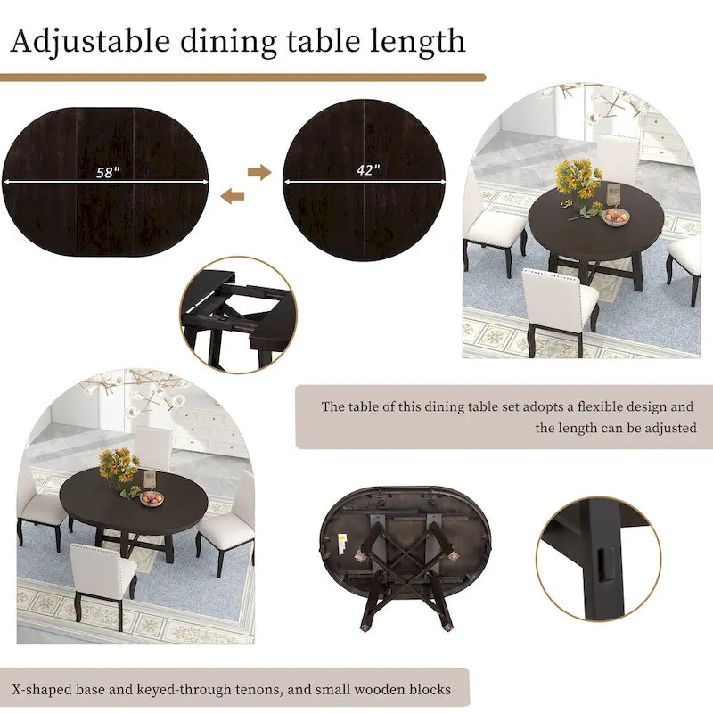Table de salle à manger ronde en bois massif extensible avec rallonge de 16 pouces