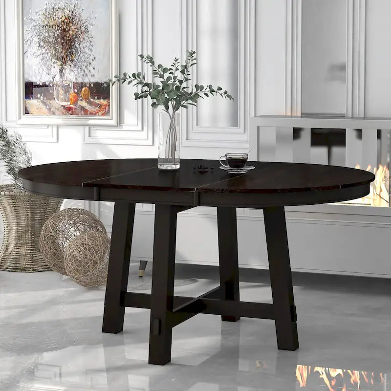 Table de salle à manger ronde en bois massif extensible avec rallonge de 16 pouces