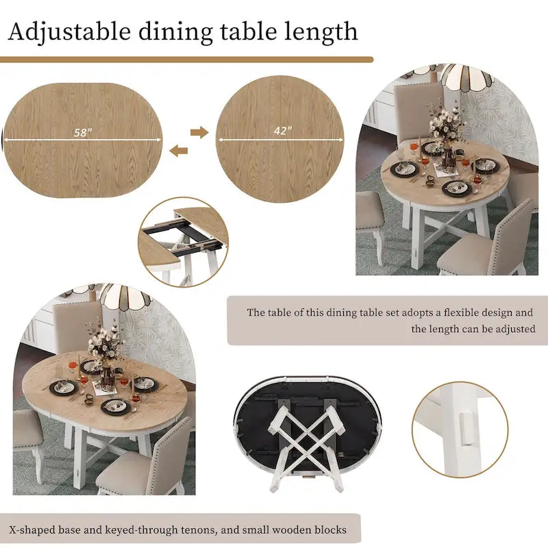 Table de salle à manger ronde en bois massif extensible avec rallonge de 16 pouces