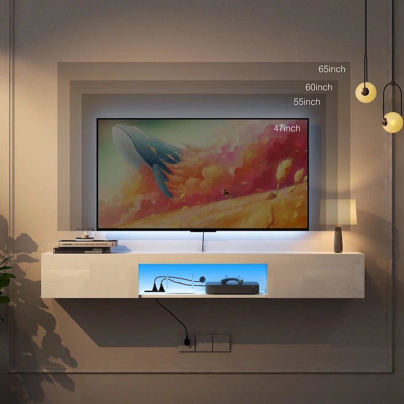 Meuble TV flottant blanc de 63 pouces avec rangement, lumières LED et prise de courant