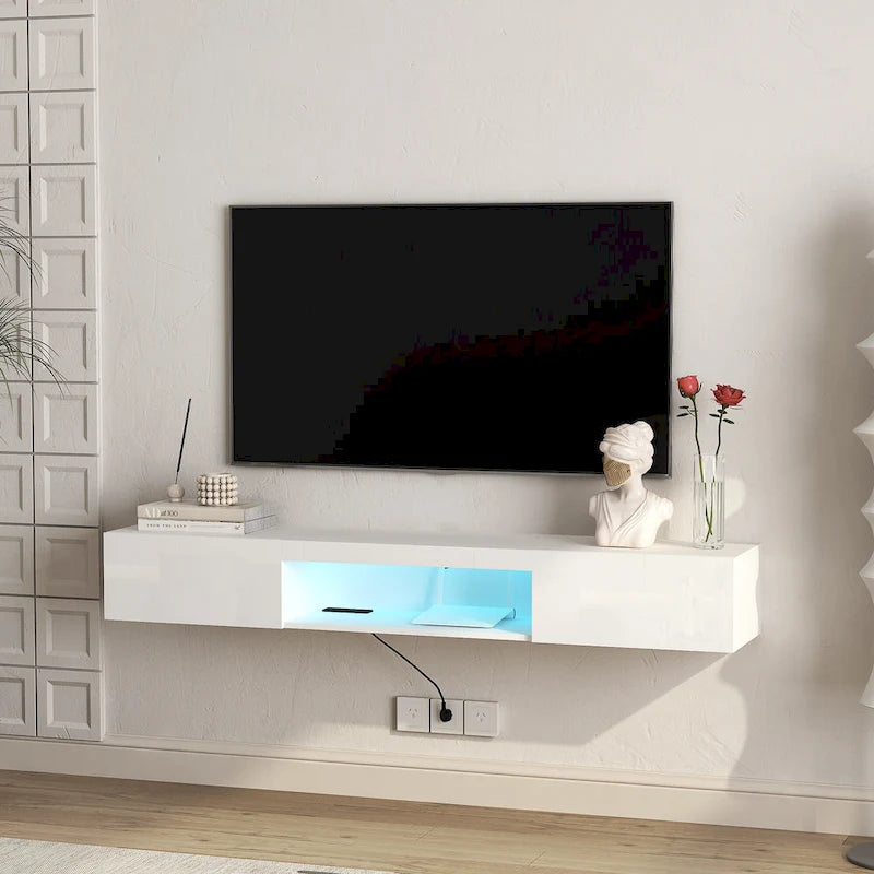 Meuble TV flottant blanc de 63 pouces avec rangement, lumières LED et prise de courant