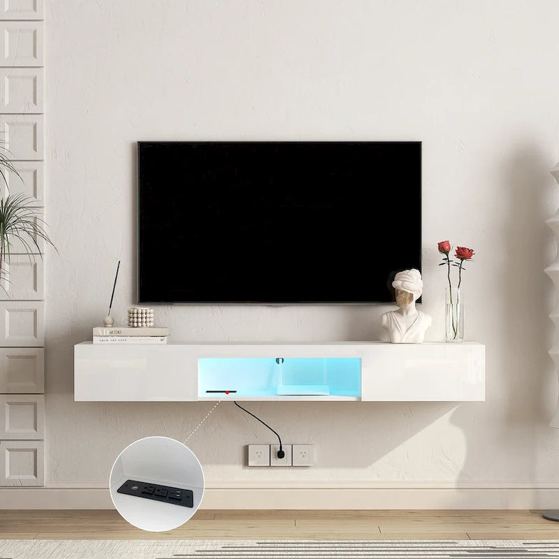 Meuble TV flottant blanc de 63 pouces avec rangement, lumières LED et prise de courant