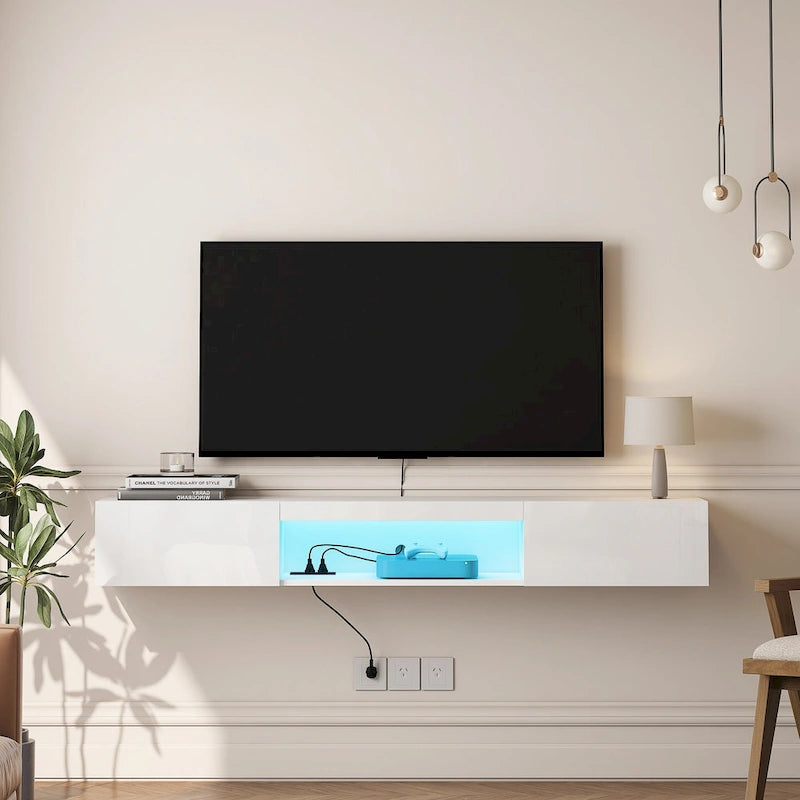 Meuble TV flottant blanc de 63 pouces avec rangement, lumières LED et prise de courant