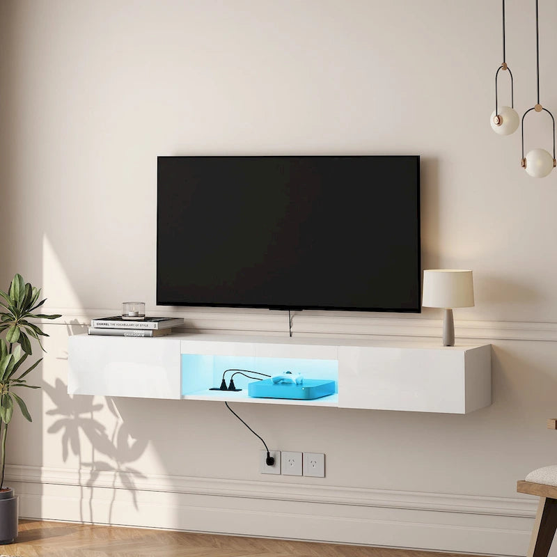 Meuble TV flottant blanc de 63 pouces avec rangement, lumières LED et prise de courant