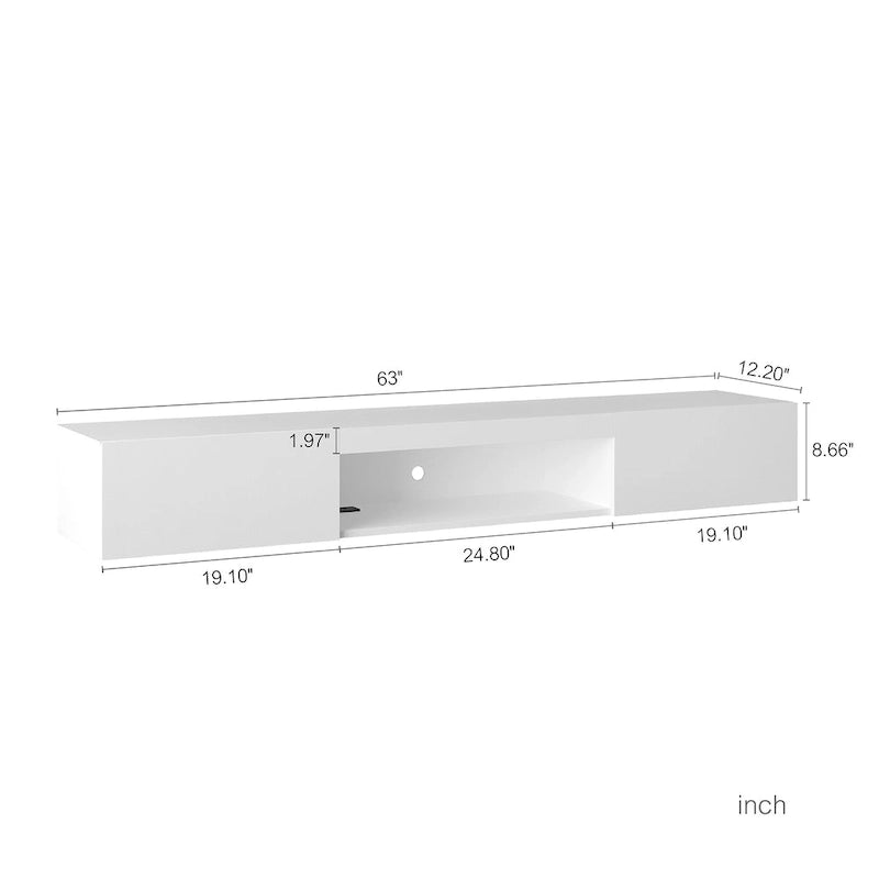 Meuble TV flottant blanc de 63 pouces avec rangement, lumières LED et prise de courant