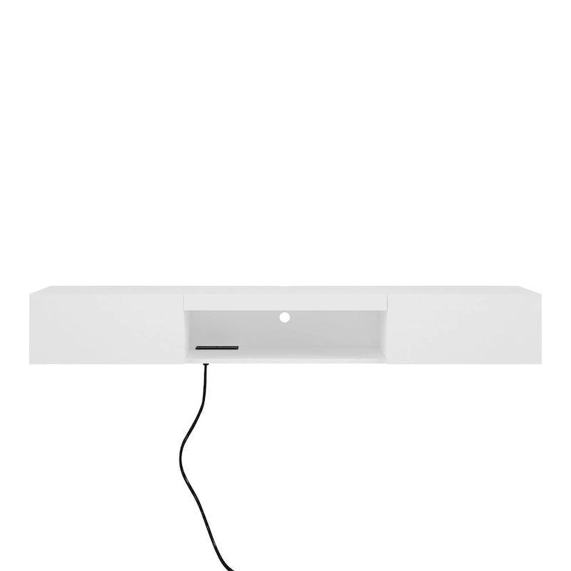 Meuble TV flottant blanc de 63 pouces avec rangement, lumières LED et prise de courant