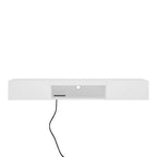 Meuble TV flottant blanc de 63 pouces avec rangement, lumières LED et prise de courant