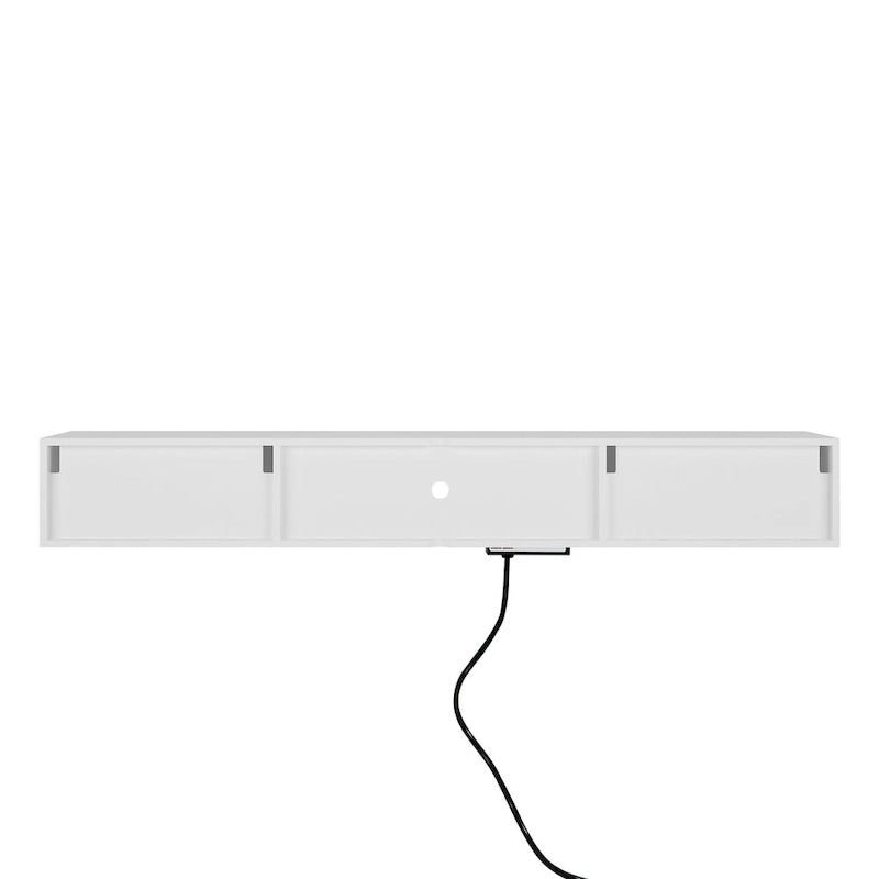 Meuble TV flottant blanc de 63 pouces avec rangement, lumières LED et prise de courant