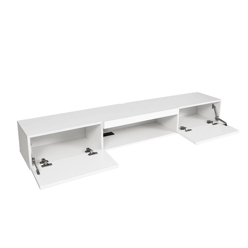 Meuble TV flottant blanc de 63 pouces avec rangement, lumières LED et prise de courant