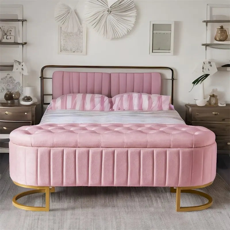 Bouton-touffeté Velours Rangement Ottoman