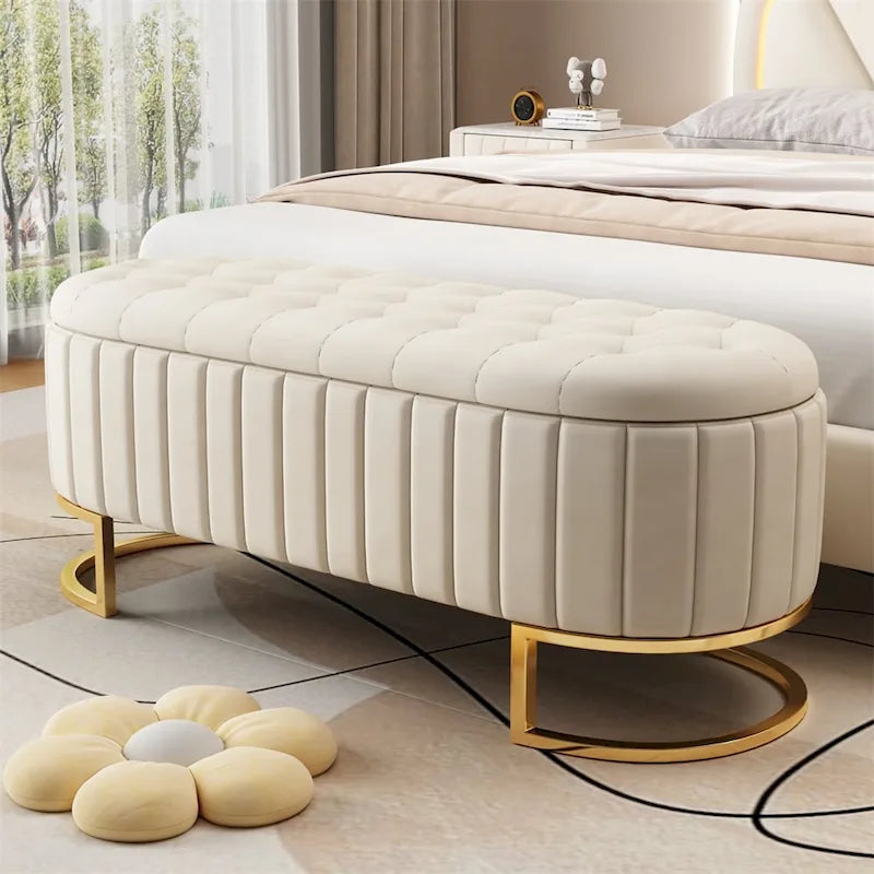 Bouton-touffeté Velours Rangement Ottoman