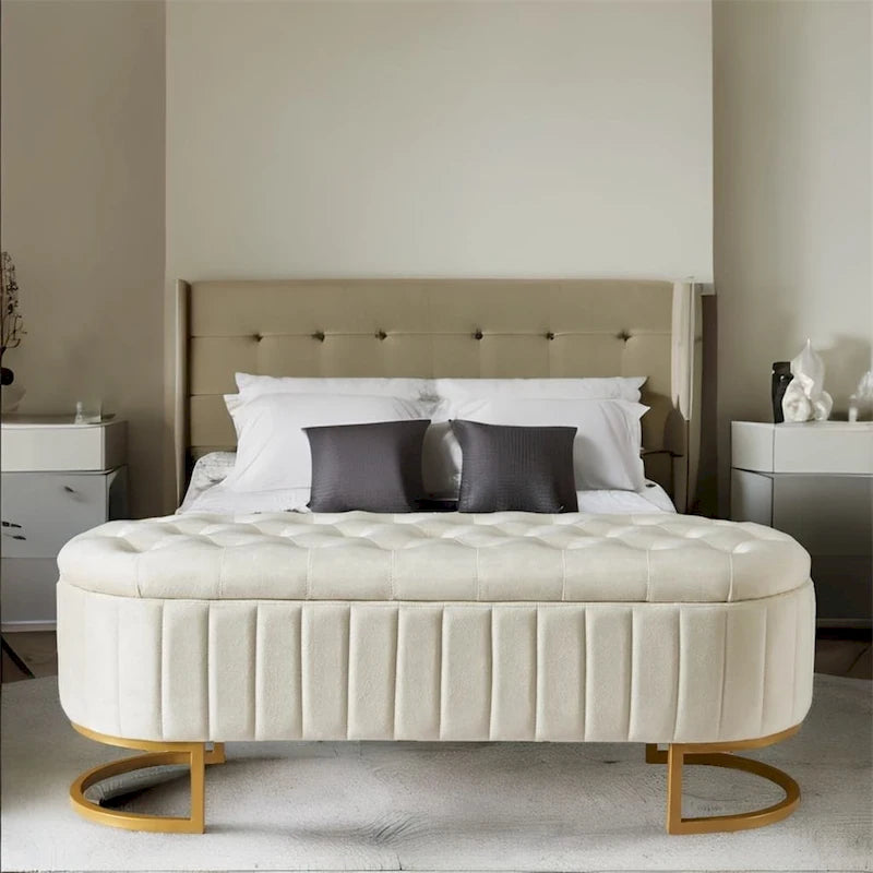 Bouton-touffeté Velours Rangement Ottoman