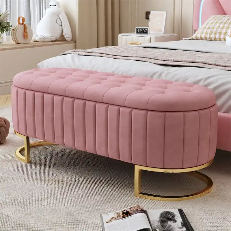 Bouton-touffeté Velours Rangement Ottoman