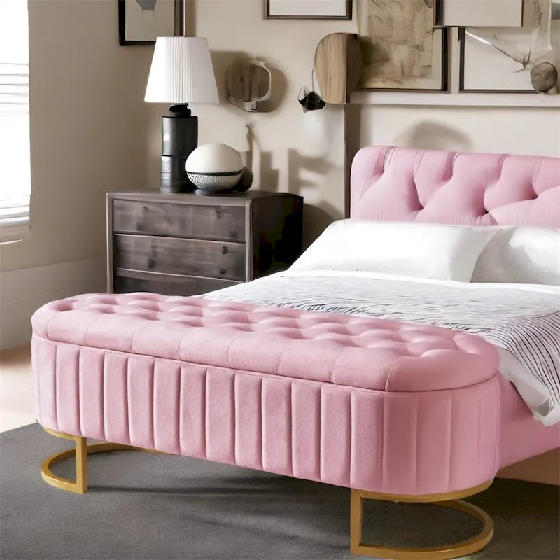 Bouton-touffeté Velours Rangement Ottoman