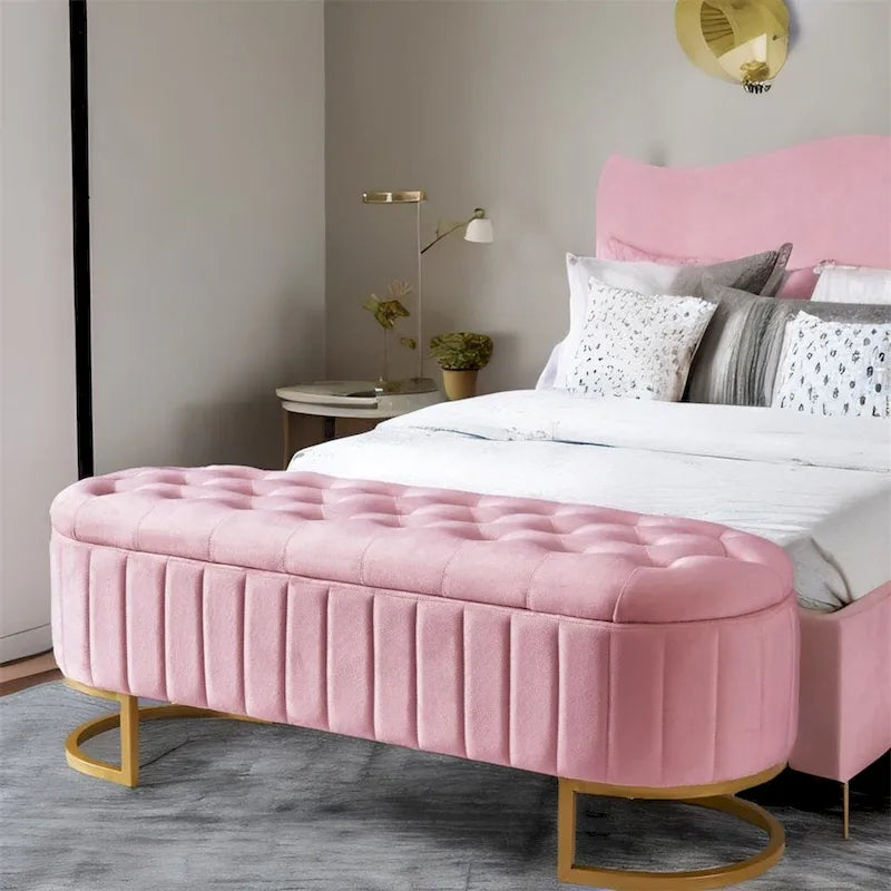 Bouton-touffeté Velours Rangement Ottoman
