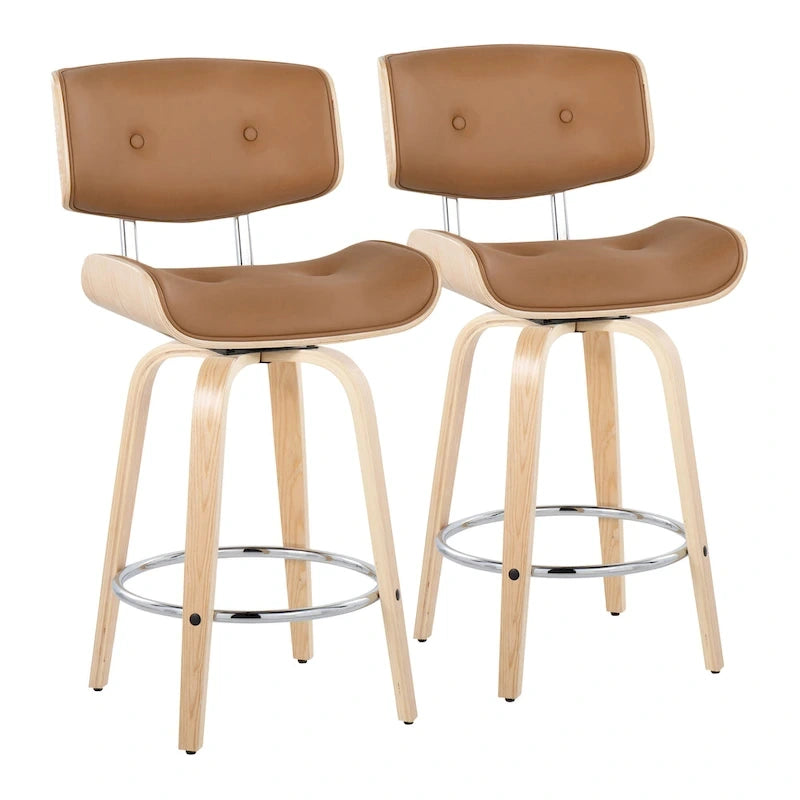 Tabourets de comptoir à hauteur fixe de 26 po avec pieds en bois courbé, ensemble de 2
