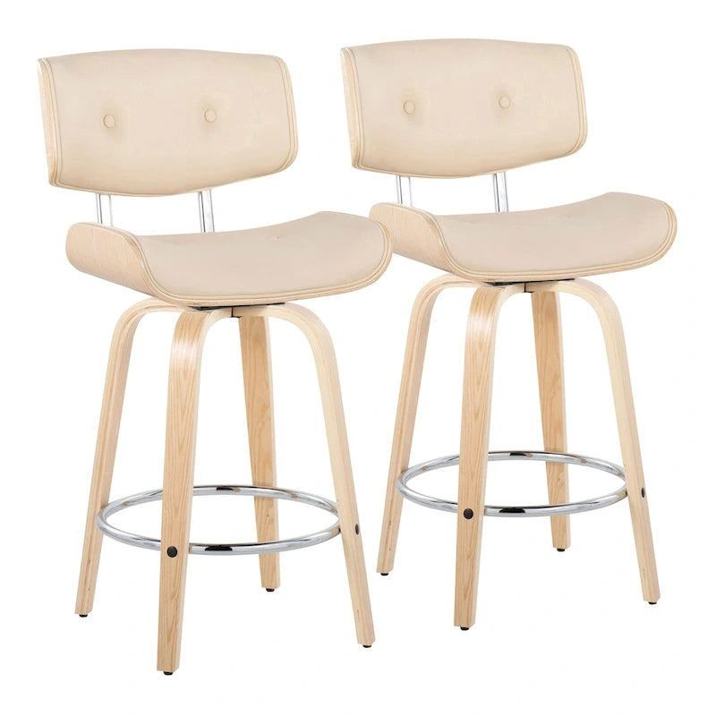 Tabourets de comptoir à hauteur fixe de 26 po avec pieds en bois courbé, ensemble de 2