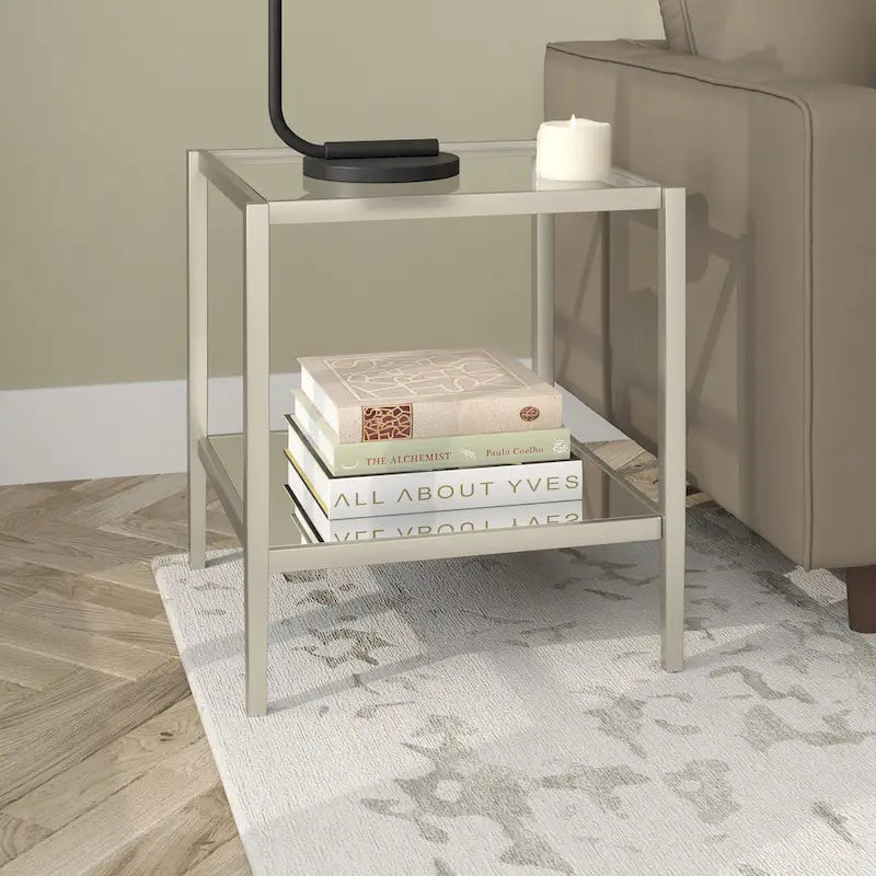 Table d'appoint carrée de 50 cm avec étagère transparente
